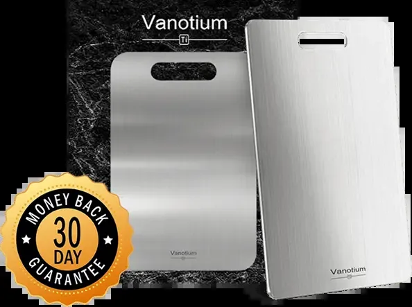 Titanium cutting boards with a 30-day money-back guarantee badge